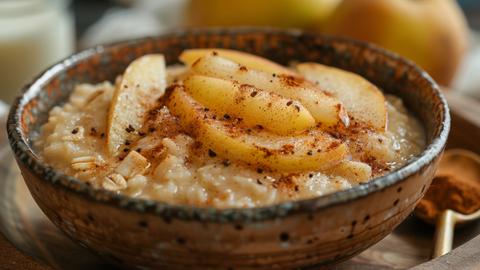 Ein Schüssel Hafer-Porridge mit Apfelschnitzen und Zimt steht auf einem Tisch.